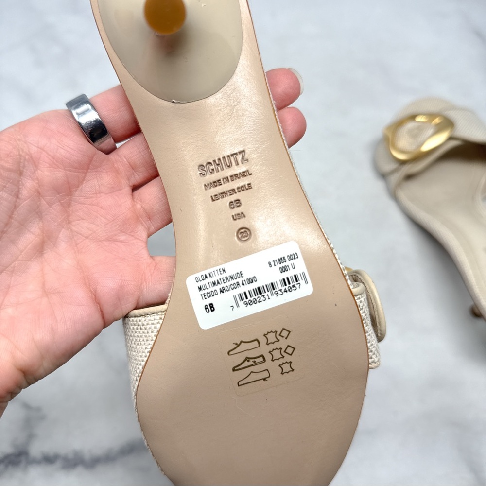 NEW Schutz Olga 55 Brushed Buckle Textured Linen Canvas Kitten Heel Sandals 6 - Picture 8 of 13